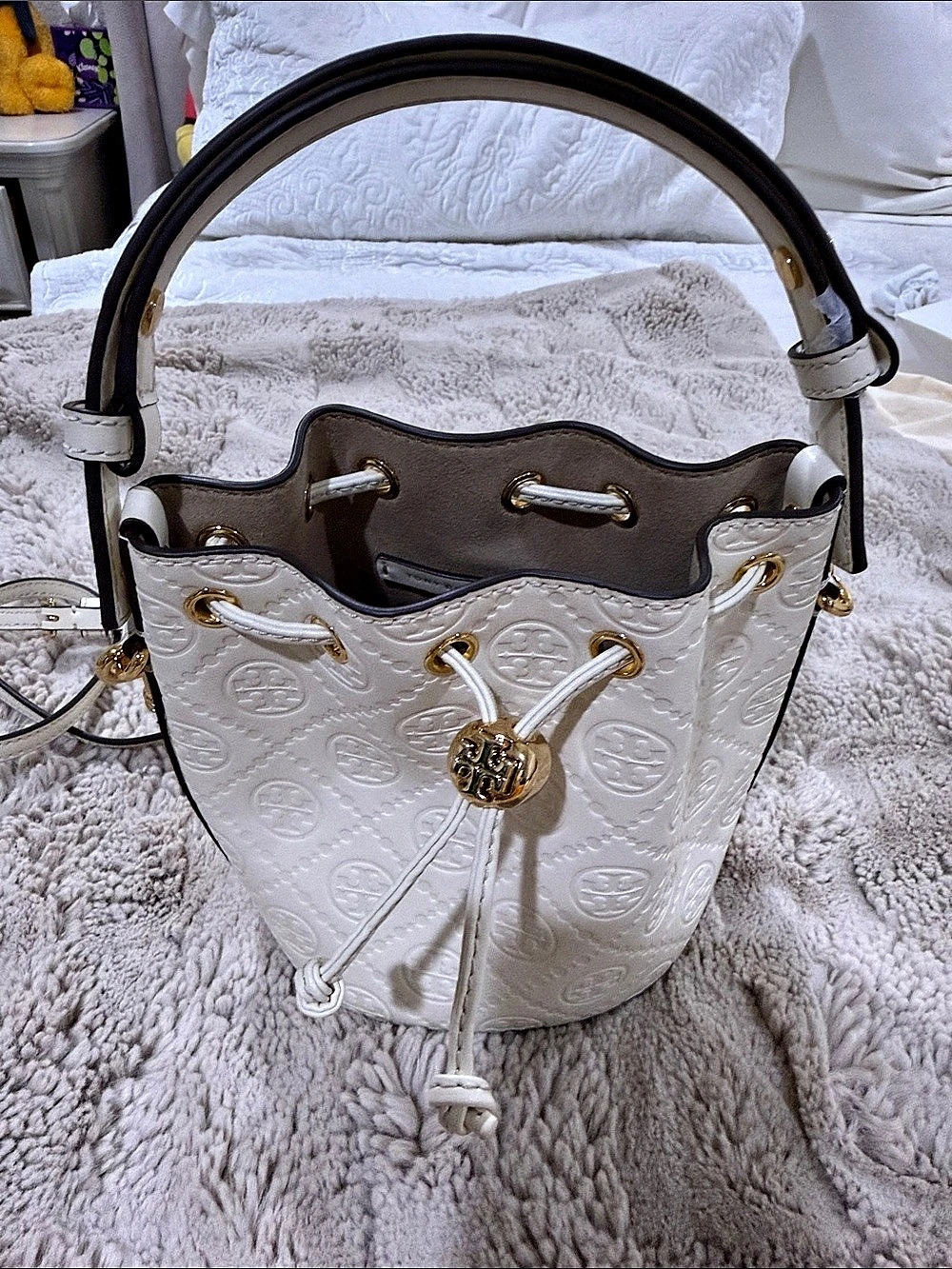Tory Burch Mini T Monogram Embossed Patent Leather Bucket Bag White & Brown